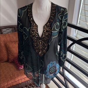 Hale Bob Black Sheer Beaded V-Neck Blouse with Teal and Blue Accents